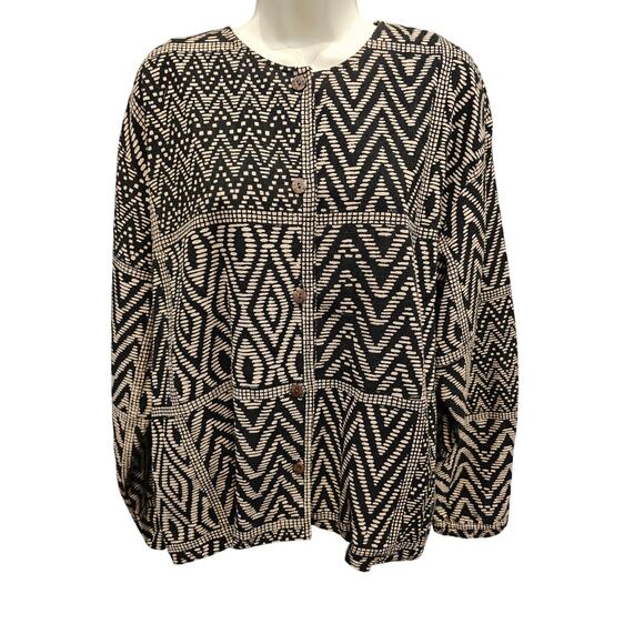 Chicos large coatigan heavy twill cotton button front brown black Aztec EUC L - Picture 1 of 8